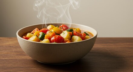 Naklejka premium Steaming Vegetable Soup in Brown Bowl on Wooden Table