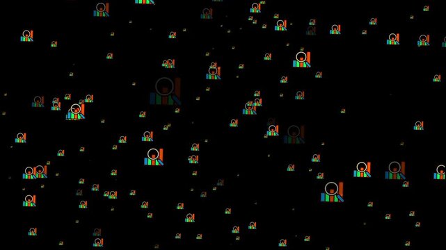 Abstract Pattern of Colorful User Icons on Black Background. Business grow charts with random premium research particles 4k animation.