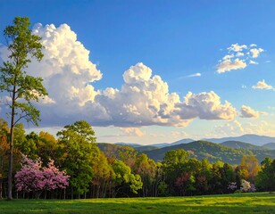 Obraz premium Scenic Landscape with Clouds and Trees in Spring.