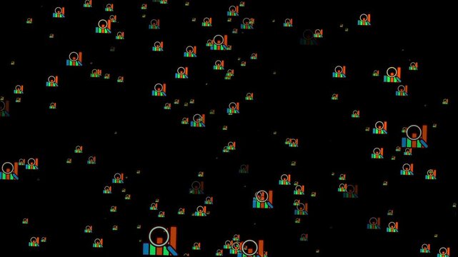 Abstract Digital Icons with Magnifying Glass and Bars. Business grow charts with random premium research particles 4k animation.