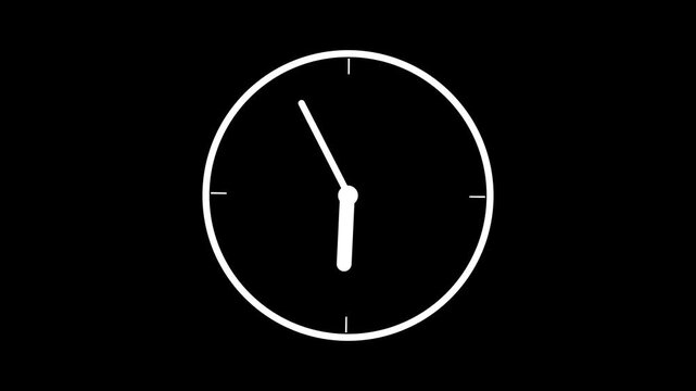 White analog clock with simple hands and markers on black background time. Minimalist white clock with circular rings on black green background for time, schedule, or motion graphics.