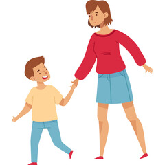 Smiling Mother And Son Walking Together Holding Hands Joyful Family Moment Isolated On White Background Cheerful Outdoor Activity Full Body Shot 