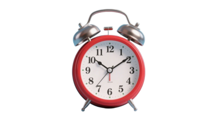 A red vintage alarm clock with white face showing time, featuring two metal bells and a classic design.