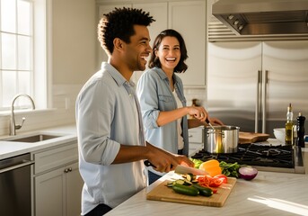 A happy, diverse couple in their 30s are laughing as they cook together in a bright, modern kitchen