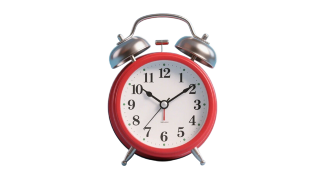 A red vintage alarm clock with white face showing time, featuring two metal bells and a classic design.