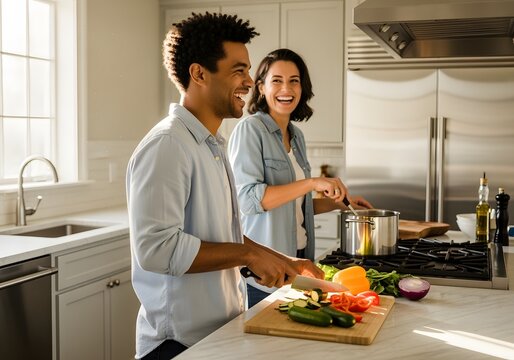 A happy, diverse couple in their 30s are laughing as they cook together in a bright, modern kitchen