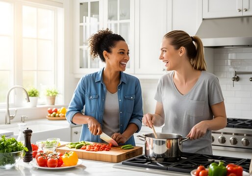 A happy, diverse couple in their 30s are laughing as they cook together in a bright, modern kitchen - Powered by Adobe