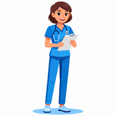 Female Nurse Holding Clipboard Smiling in Uniform with Stethoscope in Full Body Illustration