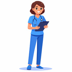 Female Nurse Holding Clipboard Smiling in Uniform with Stethoscope in Full Body Illustration