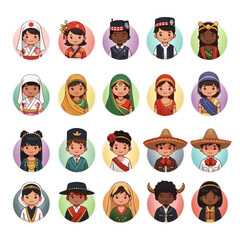 Children in traditional costumes from various cultures in a grid  