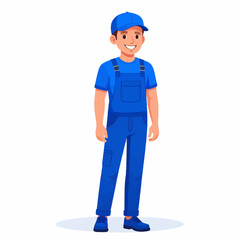 Smiling Caucasian Man Standing Wearing Blue Cap and Overalls with Happy Expression