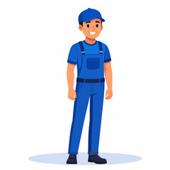 Smiling Caucasian Man Standing Wearing Blue Cap and Overalls with Happy Expression