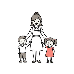 Teacher holding hands with two children in playful classroom setting  