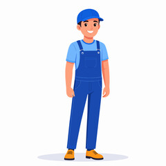 Smiling Caucasian Man Standing Wearing Blue Cap and Overalls with Happy Expression