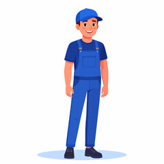 Smiling Caucasian Man Standing Wearing Blue Cap and Overalls with Happy Expression