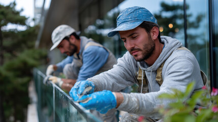 Two focused workers meticulously work on glass balcony installation, showcasing precision and teamwork in a bustling construction environment.
