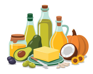 Assortment of healthy fats and oils for cooking and nutrition