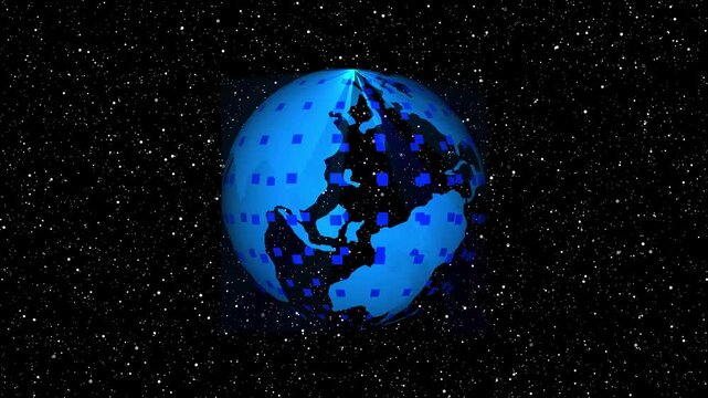 Red Globe in a Field of Red Particles on Black Background world earth. Futuristic animation of red globes merging into one bule globe with particles on black background for tech visuals.