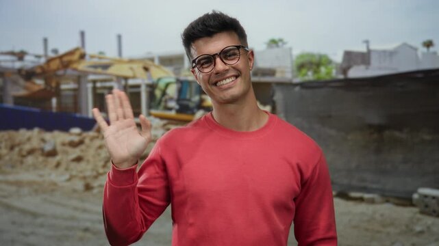 Young man smiling in red shirt on construction site in city showcasing friendly gesture in outdoor setting with urban background displaying attractive portrait.