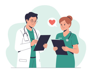 Fototapeta premium Two doctors in scrubs discussing medical charts with a heart symbol above them