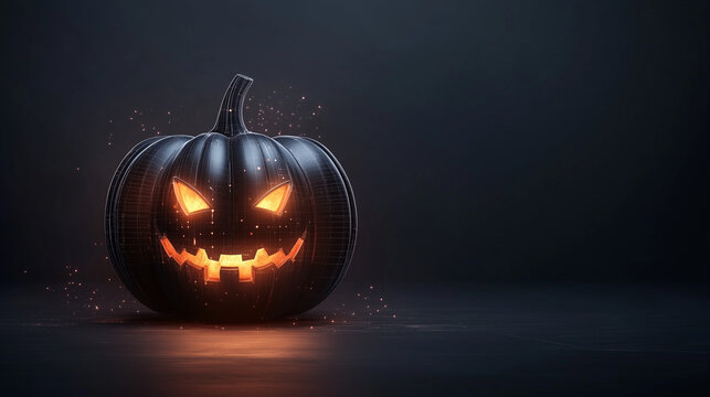 Cyberpunk Halloween scene with robot pumpkin and digital ghost