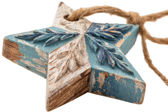 Distressed wooden star ornament hand-carved with leaf design perfect for rustic Christmas decor or holiday crafts