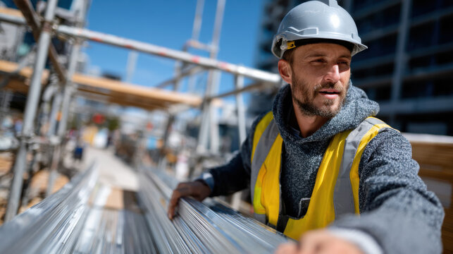 A construction worker in a hard hat and reflective vest navigates scaffolding, epitomizing teamwork and safety while overseeing construction operations in an urban environment. - Powered by Adobe