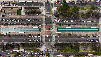 Aerial view of 9 de Julio Avenue in Buenos Aires. Traffic. Highways of Buenos Aires