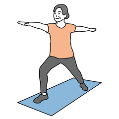ヨガマットの上で運動するシニア女性のイラスト