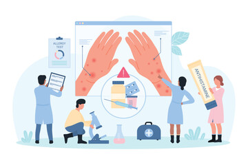 Drug allergy vector illustration. Cartoon tiny people diagnose symptoms of medical pills intolerance on skin of patients hands, doctors recommend antihistamine ointment for treatment of dermatitis