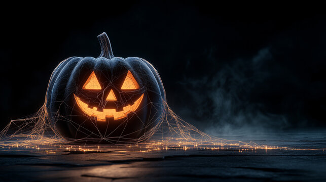 Halloween scene with robot pumpkin and glowing digital ghost