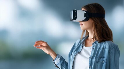 A female explores augmented reality using advanced VR goggles, reaching out as if touching virtual objects. This scene highlights the future of interactive technology and digital transformation - Powered by Adobe