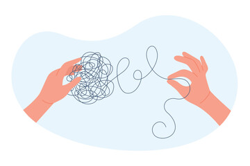 Untangle knot of problems and mental disorder vector illustration. Cartoon two hands hold tangled scribble ball to pull and unravel string, bring order to chaos and puzzle mess, smart solution