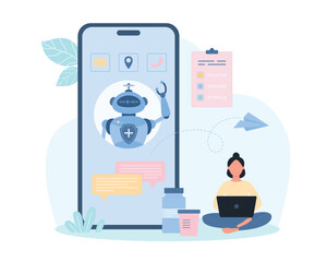 Healthcare chatbot technology vector illustration. Cartoon tiny woman with laptop and robot on mobile phone screen communicate by online messages, medical automated support for patient of AI assistant