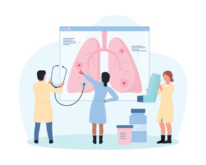 Study of lung diseases, pulmonology vector illustration. Cartoon tiny doctors or students with stethoscope analyzing detailed infographic anatomy chart with human organ, people research lungs