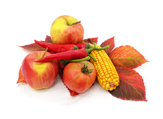 Autumn harvest composition with apples corn chili peppers and tomato on fall leaves.