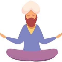 Bearded Man Meditating in Lotus Pose Wearing a Blue Tunic and Purple Trousers with a White Turban and Closed Eyes in Peaceful Serenity