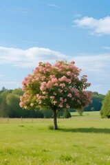 A single tree with vibrant pink flowers stands in a lush green field under a clear blue sky.