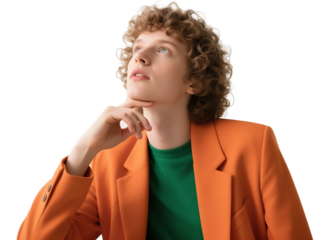 A person with curly hair in an orange blazer and green top, looking up in a contemplative pose.