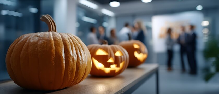 Festive Halloween Pumpkins with Spooky Faces in Office Setting