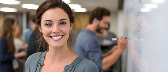 Smiling Woman in Casual Attire at Collaborative Workplace Setting