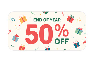 End of year sale 50 percent off with gift boxes and confetti
