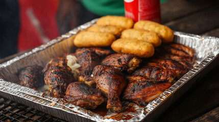 Jamaican Jerk Chicken & Jamaica Festival on foil baking pan