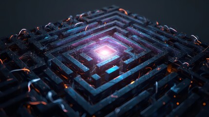 A dark maze with glowing center and blue and orange accents creating an intriguing abstract design