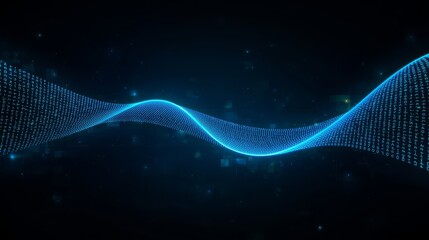 Abstract blue wave of binary code flowing across a dark background with glowing particles around it