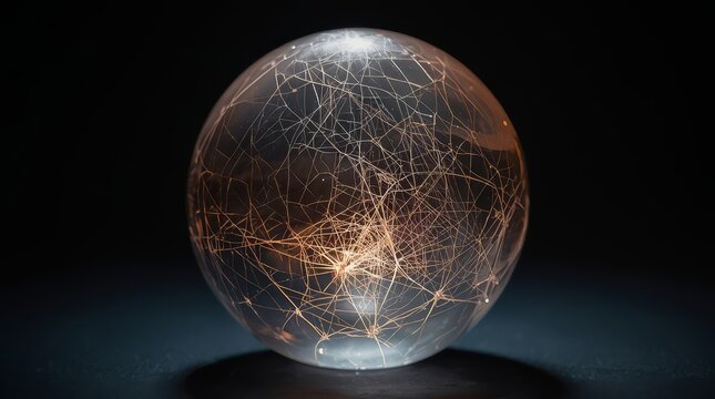 A glowing sphere with intricate network of light strands against a dark background on a reflective surface