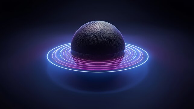 A dark textured dome surrounded by concentric neon rings on a dark background in a studio shot