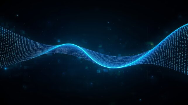 Abstract blue wave of binary code flowing across a dark background with glowing particles around it