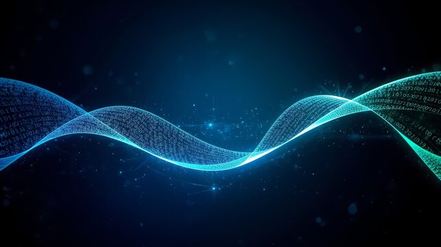 Abstract digital wave with binary code flowing on a dark blue gradient background with particles