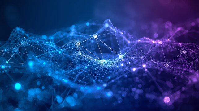 Abstract network of interconnected nodes with blue and purple gradient background design element - Powered by Adobe